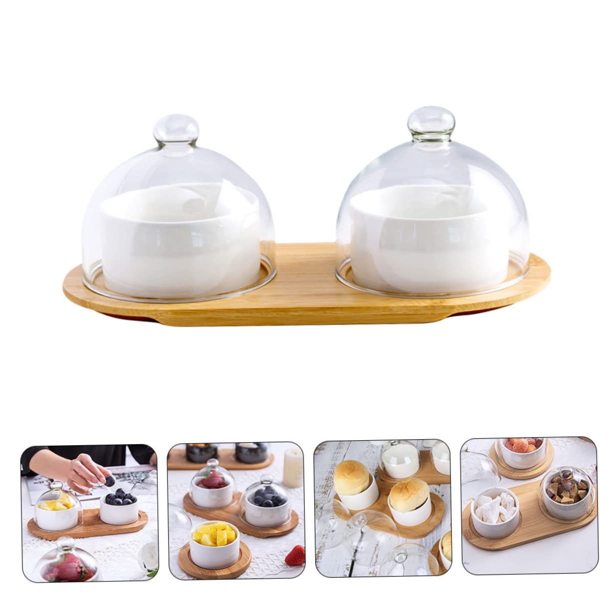 Mikikit 2 Juegos Bol Tapa de Vidrio Transparente y Bandeja Cuenco para Postres Ensaladas y Frutas para Hogar Restaurante y Hotel