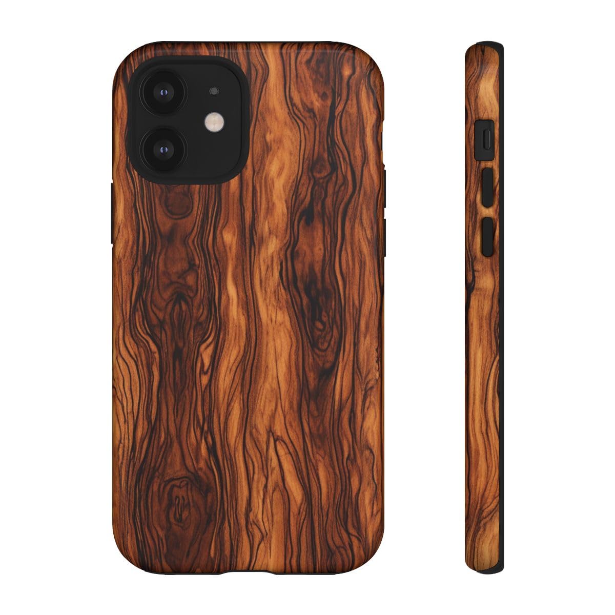 Coque iPhone 12 rigide brillante texture bois brute marron de luxe - 2