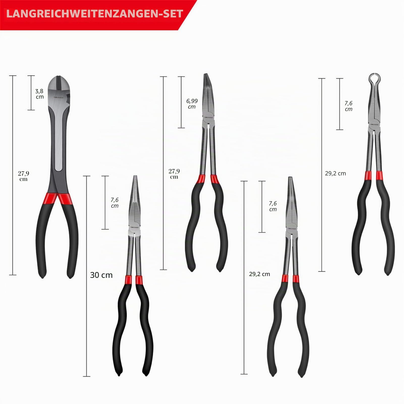 TOOLEAGUE 5-teiliges extra langes Spitzzangen-Set, 27,9 cm lange gerade Zange, 45/90 Grad gebogene Spitzenzange, Seitenzange und O-förmige Spitzen-Reparaturwerkzeug