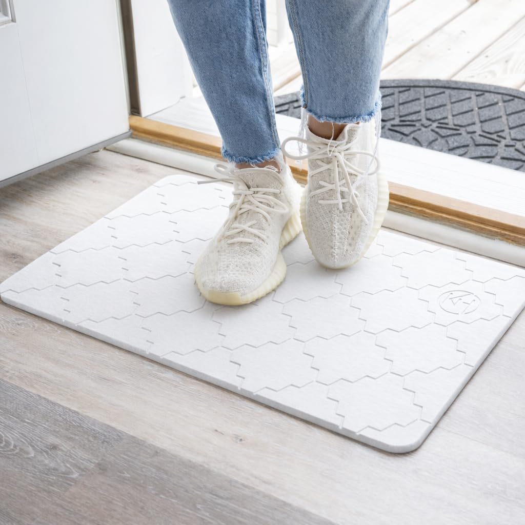 Diatomite Stone Bath Mat for Bathroom or Kitchen Water Absorbing, Quick-Drying, Non-Slip, Eco-Friendly, Stylish Large Dish Dry Solution Made with Absorbent Diatomaceous Earth Rock (White)