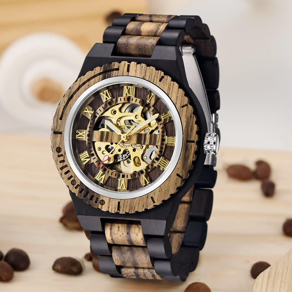 Tiong Herren Holz Mechanische Uhren Skelett Römische Ziffern Automatikaufzug Holzuhr Leichtgewicht für Männer Armbanduhr