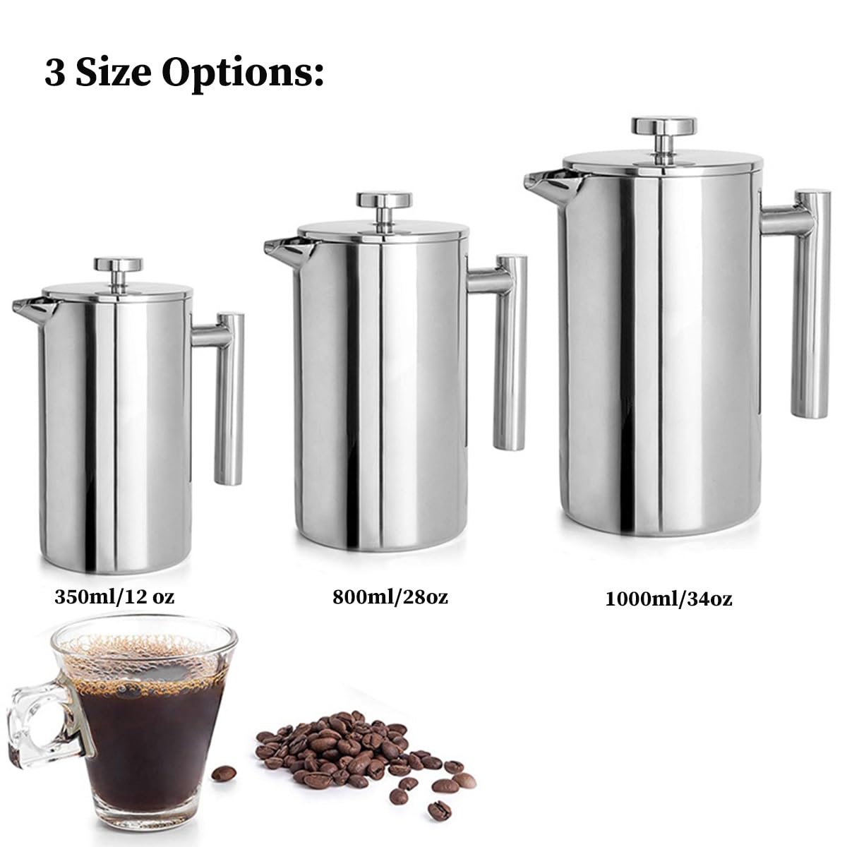 French Press ekspres do kawy srebrna podwójna ścianka prasa do kawy z 3 filtrami ze stali nierdzewnej prasa francuska precyzyjna filtracja do kawy i herbaty, domu, podróży