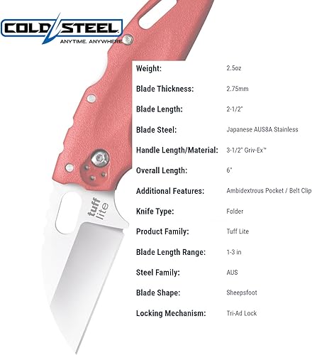 Miniatura 6 de COLD STEEL Tuff Lite - Cuchillo plegable de bolsillo con mango Griv-Ex de 2.5 pulgadas, hoja lisa afilada de 2.5 pulgadas