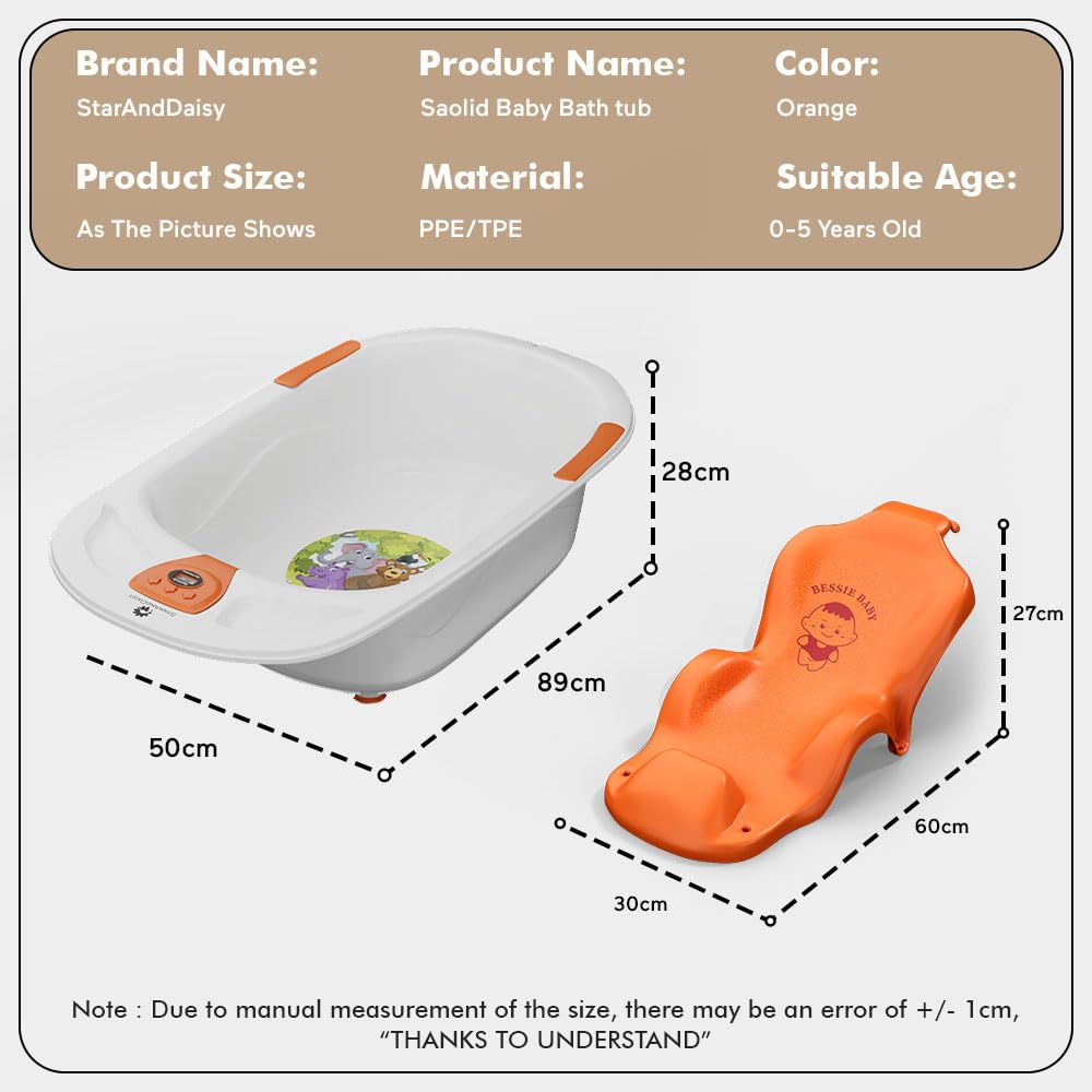 StarAndDaisy Baby Bath tub for 0 to 5 Years with Temperature Sensor/Bath tub for Kids 0-3 Years for Kids with Anti-Slip Legs/Bath tub for Baby with Baby Bather Without Wheel(White-Orange) 3