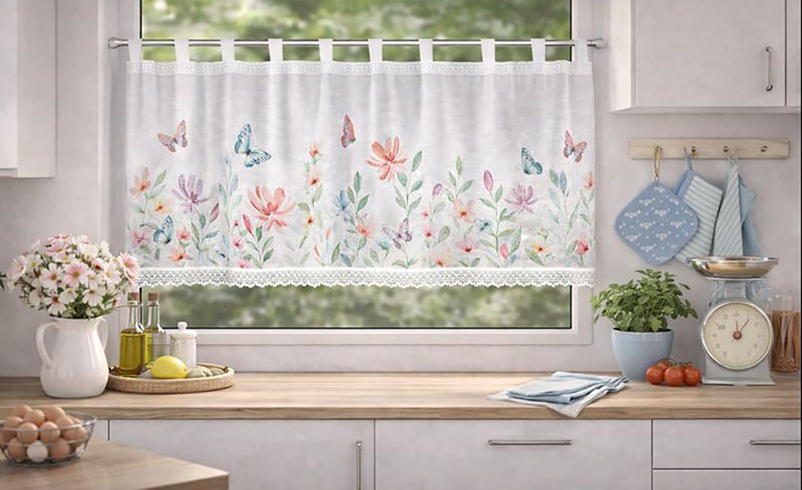 KAMACA Tenda da bistrò con passanti, tenda corta da cucina, trasparente, con passanti in voile, pizzo (altezza x larghezza 60 x 140 cm, Theresia)