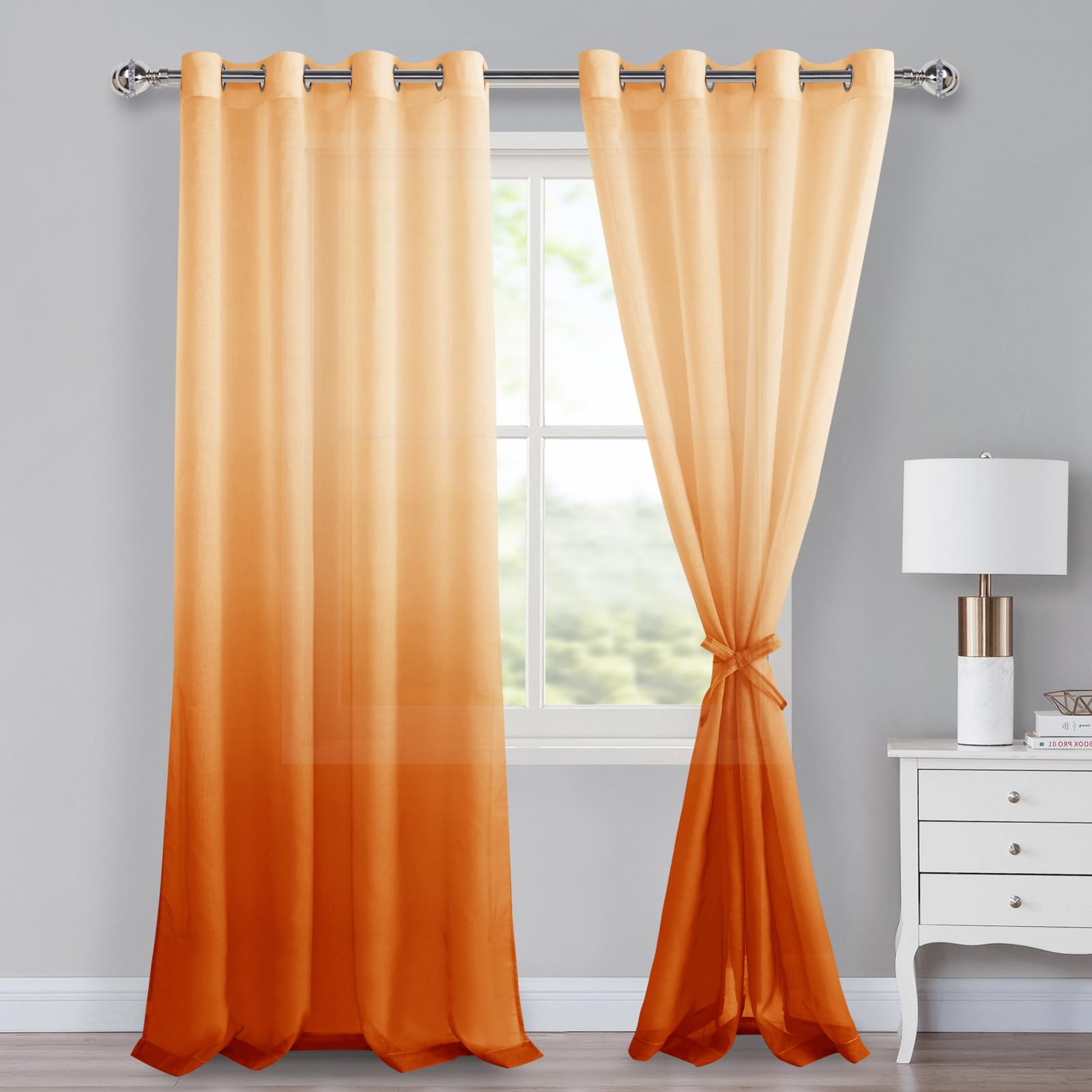 Cortinas de voile translúcidas de 260 x 140 cm juego de 2 cortinas con ojales naranjas