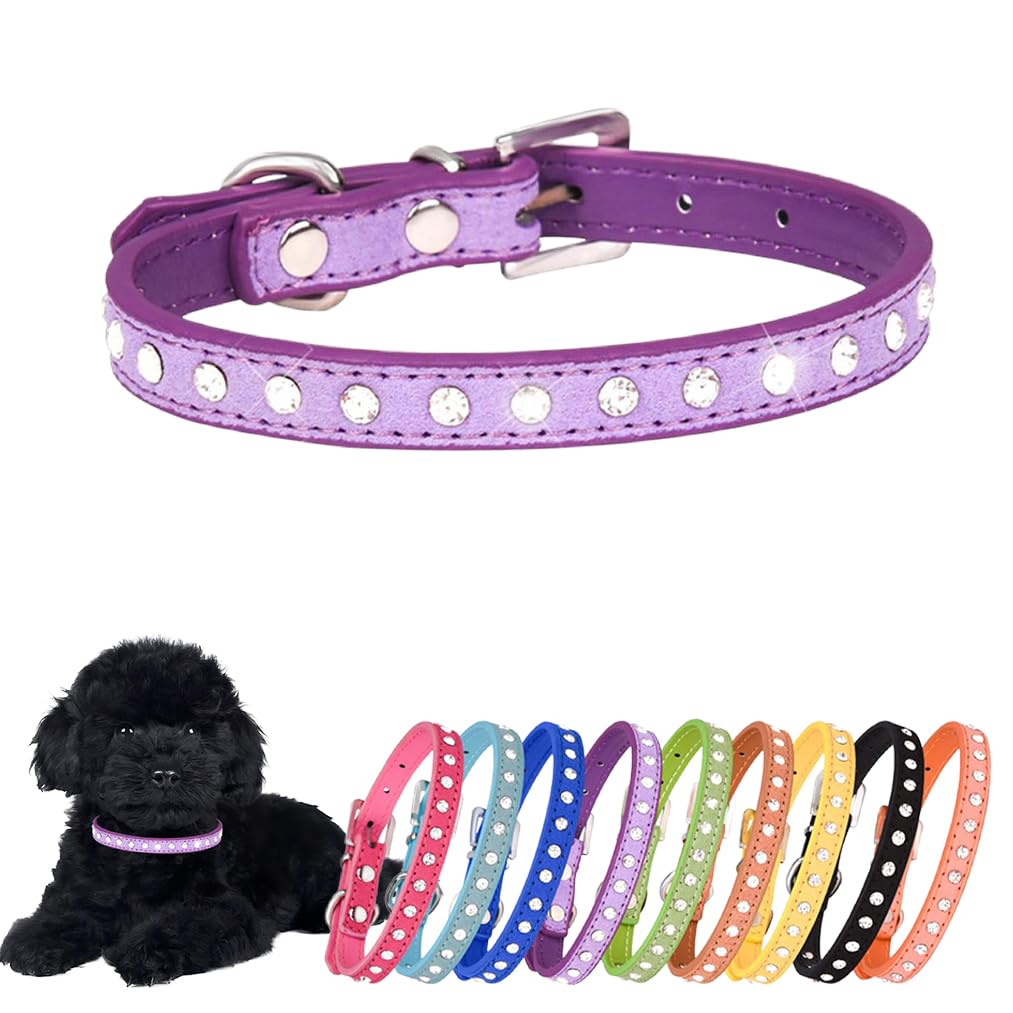 Rhinestone Dog Collar Cute Crystal Diamond Cat Collar Soft Leather Kitten Puppy Collars Adjustable for Small Medium Dogs Purple M