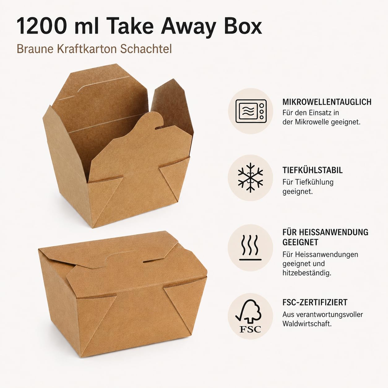 300x Take Away Box 1200ml I Bio Speisebox mit Faltdeckel Pappschachtel rechteckig I braune Kraftkarton Schachtel I Einweg to Go Boxen