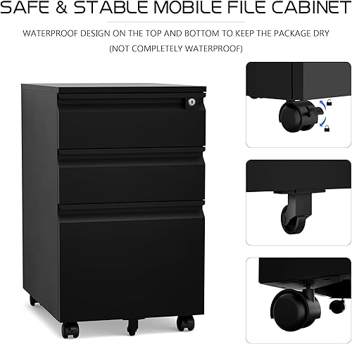 Miniatura 4 de Archivador negro de 3 cajones, archivador móvil con ruedas, debajo del escritorio con bloqueo de archivos para oficina en casa