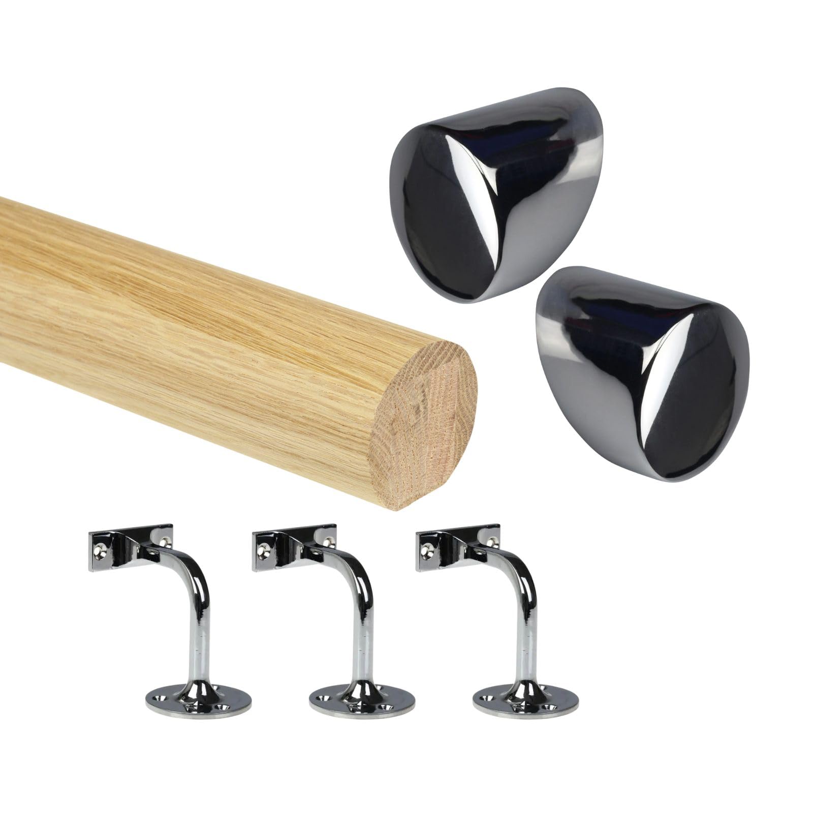 Jackson Woodturners Chrome Oak Round Mopstick Handrail Kit With Wall Brackets & Forge End Caps – 1800–4200Mm, /Black/Brushed Nickel/Antique Brass (, 1800Mm)