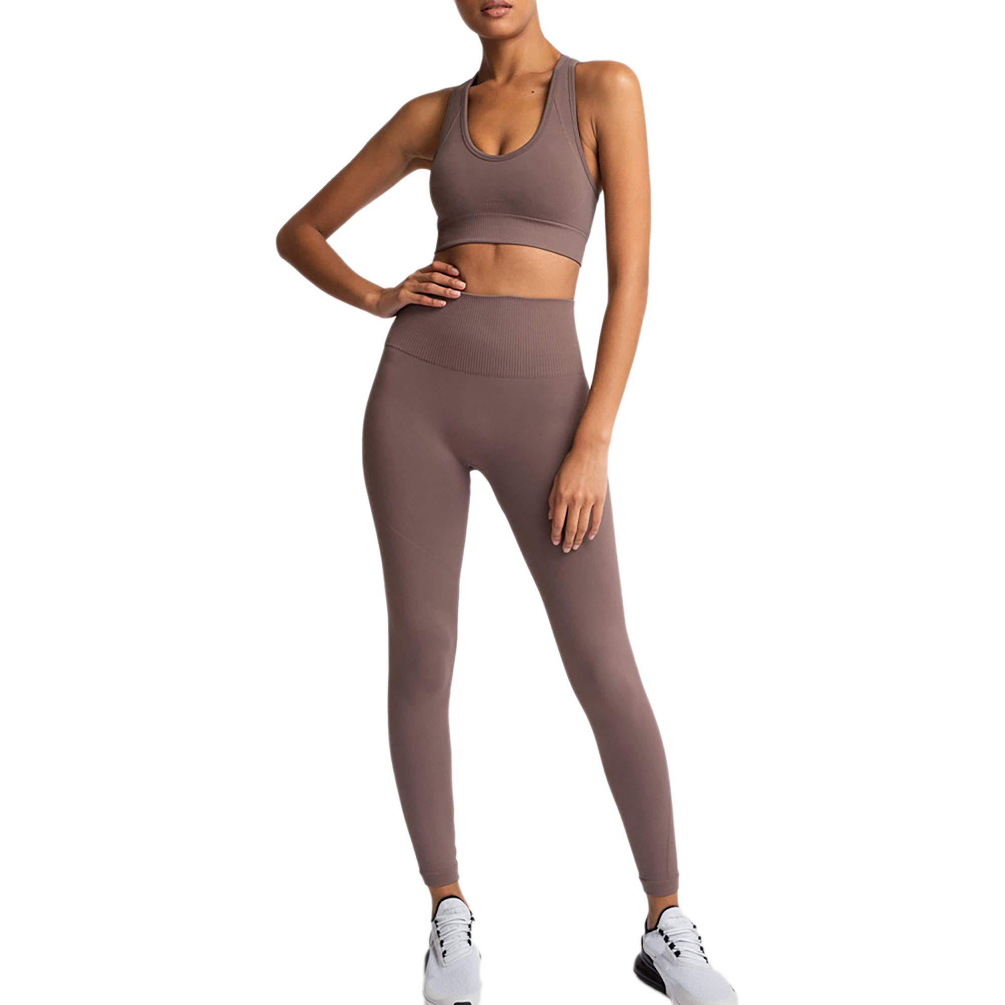 SweatyShark Women's Workout Set Active 2 Pieces Hyperflex High Waisted Yoga Leggings with Paded Racer Back Sports Top Brown