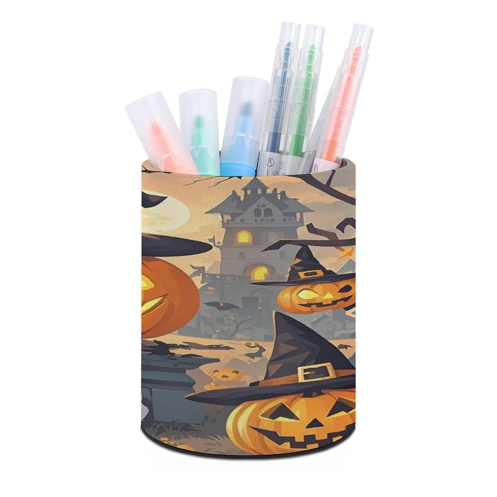 FekiLoot Halloween Pumpkins Pen Holder Cup Fashion PU Leather Pencil Cup Minimalist Pen Organizer Round Pencil Holder Stand Work Locker Accessories for Decoration Desk Office Home