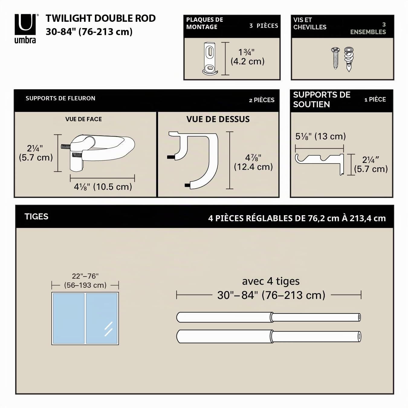 Umbra Twilight Tringle À Rideaux Extensible Avec Retour Latéral, 168-366cm, 1,9cm, Idéale Pour Les Rideaux Occultants Ou Obscurcissants, Acier, Nickel Mat,