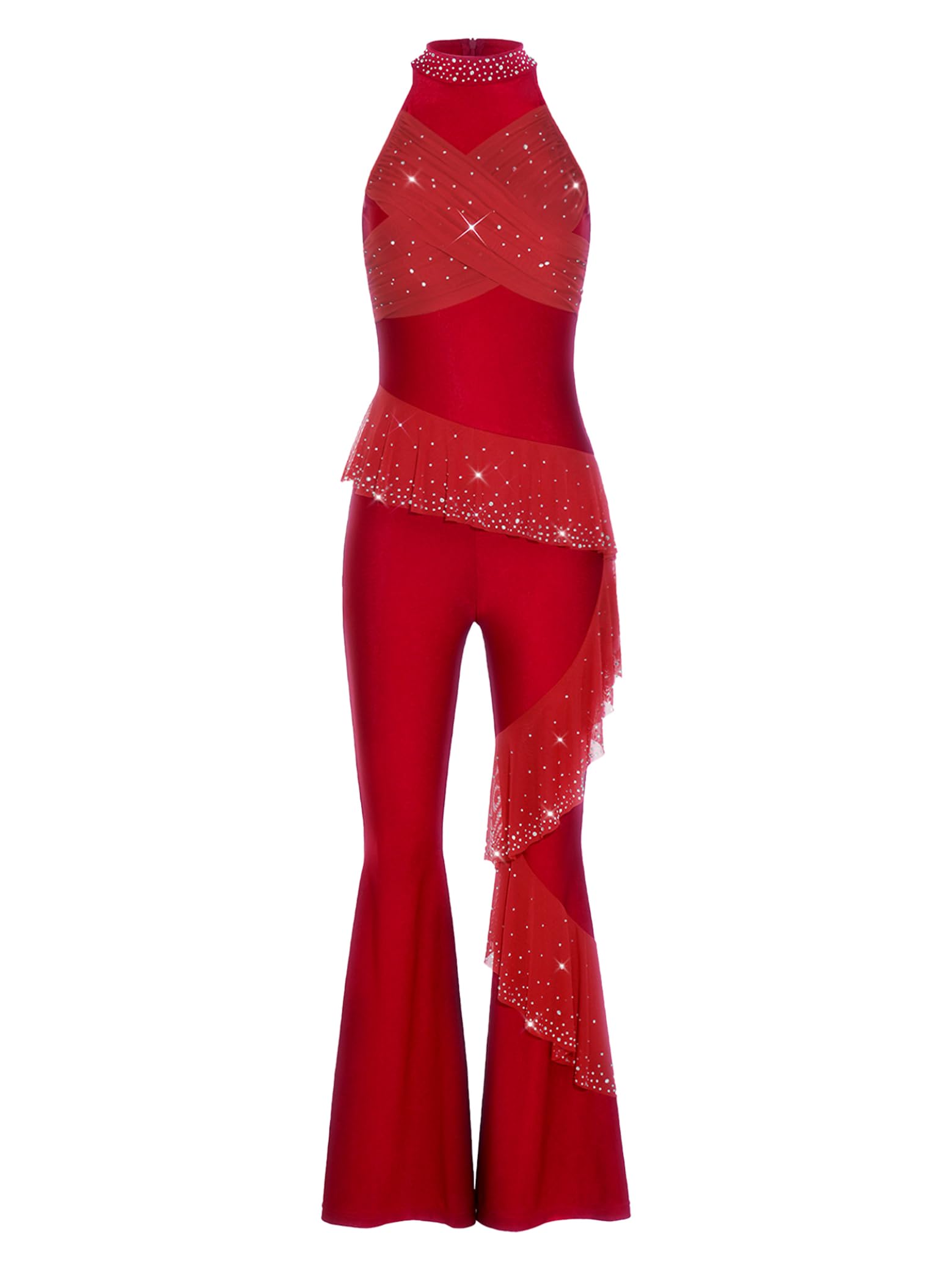 Costume Ginnastica Donna Tutto Corpo Tuta Acrobazia Lungo Senza Maniche Con Strass E Glitter Tuta Ballo Pantalone Largo Jumpsuit Costume Pattinaggio