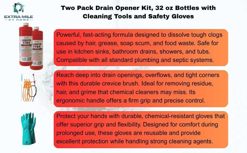 Two Pack Drain Opener Kit, 32 oz Bottles with Cleaning Tools and Safety Gloves