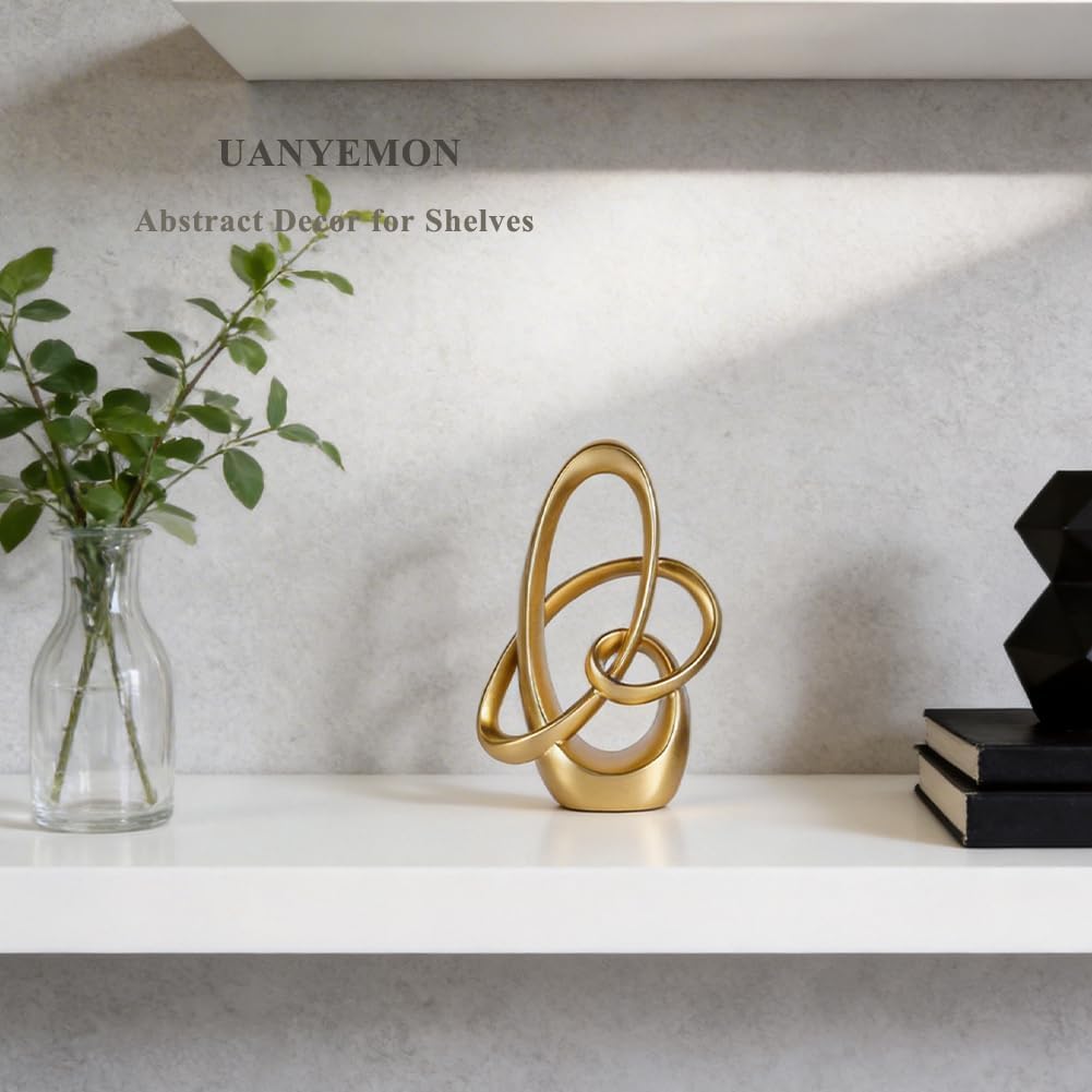 Modern Gold Knots Decor - 7.1" Resin Golden Knot Statue, Abstract Gold Sculptures Home Decor for Living Room, Coffee Table, Shelves, Entryway, Office Tabletop Accent, Decorative Knick Knacks Gift