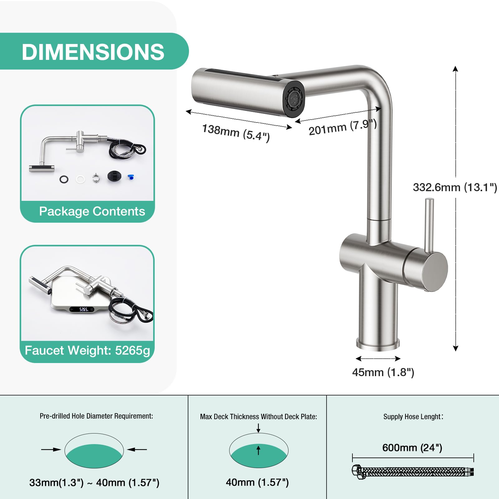 Faustina Robinet Évier de Cuisine avec Douchette 4 Fonctions Extensible, Mélangeur Monocommande Monotrou