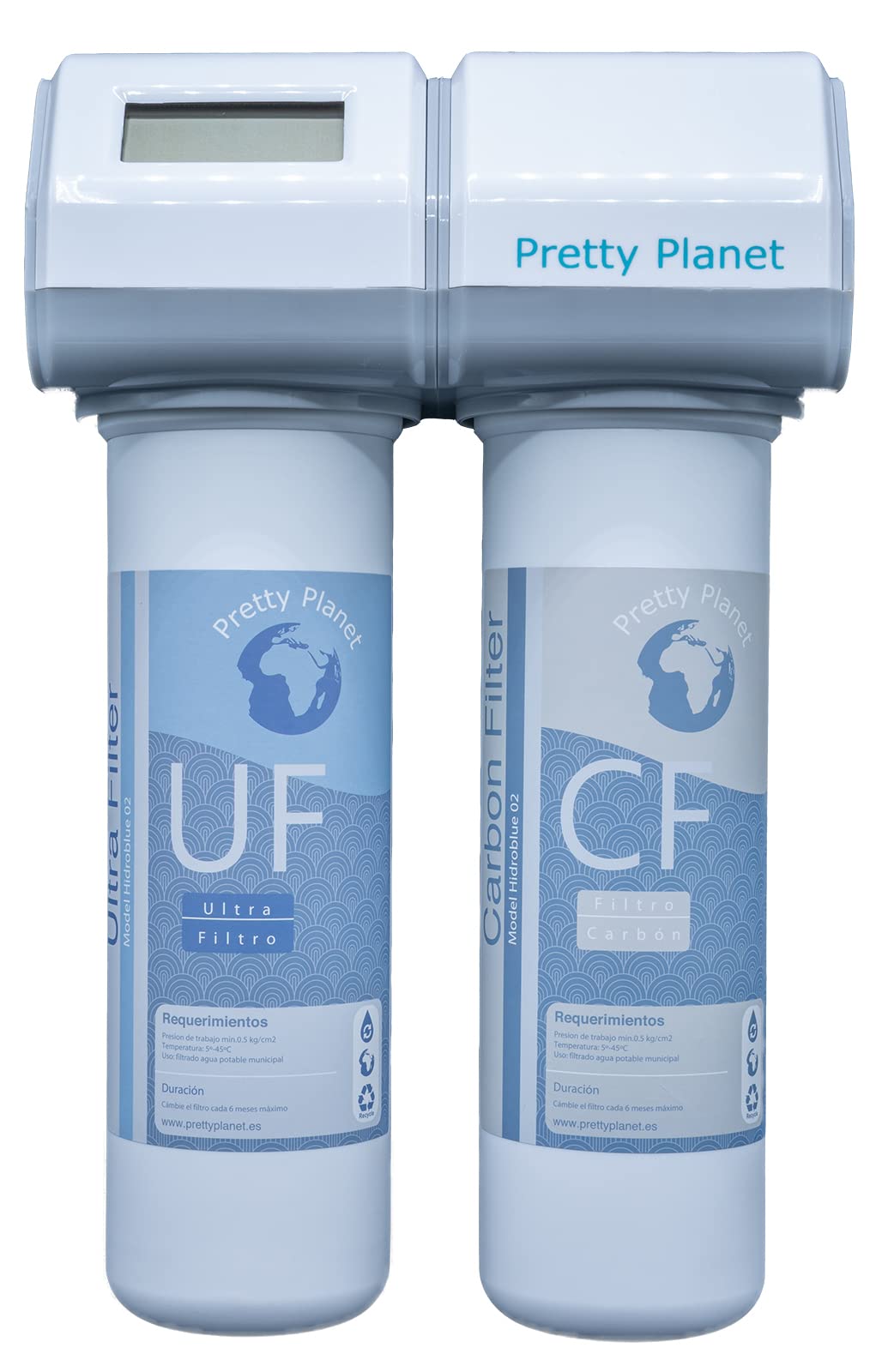 Pretty Planet - Filtro Agua Doméstico Hidroblue 02 - Purificador de Agua - Filtro para Grifo y Debajo Encimera - Con Pantalla LCD - Dos Filtros Incluidos de Duración 12 Meses