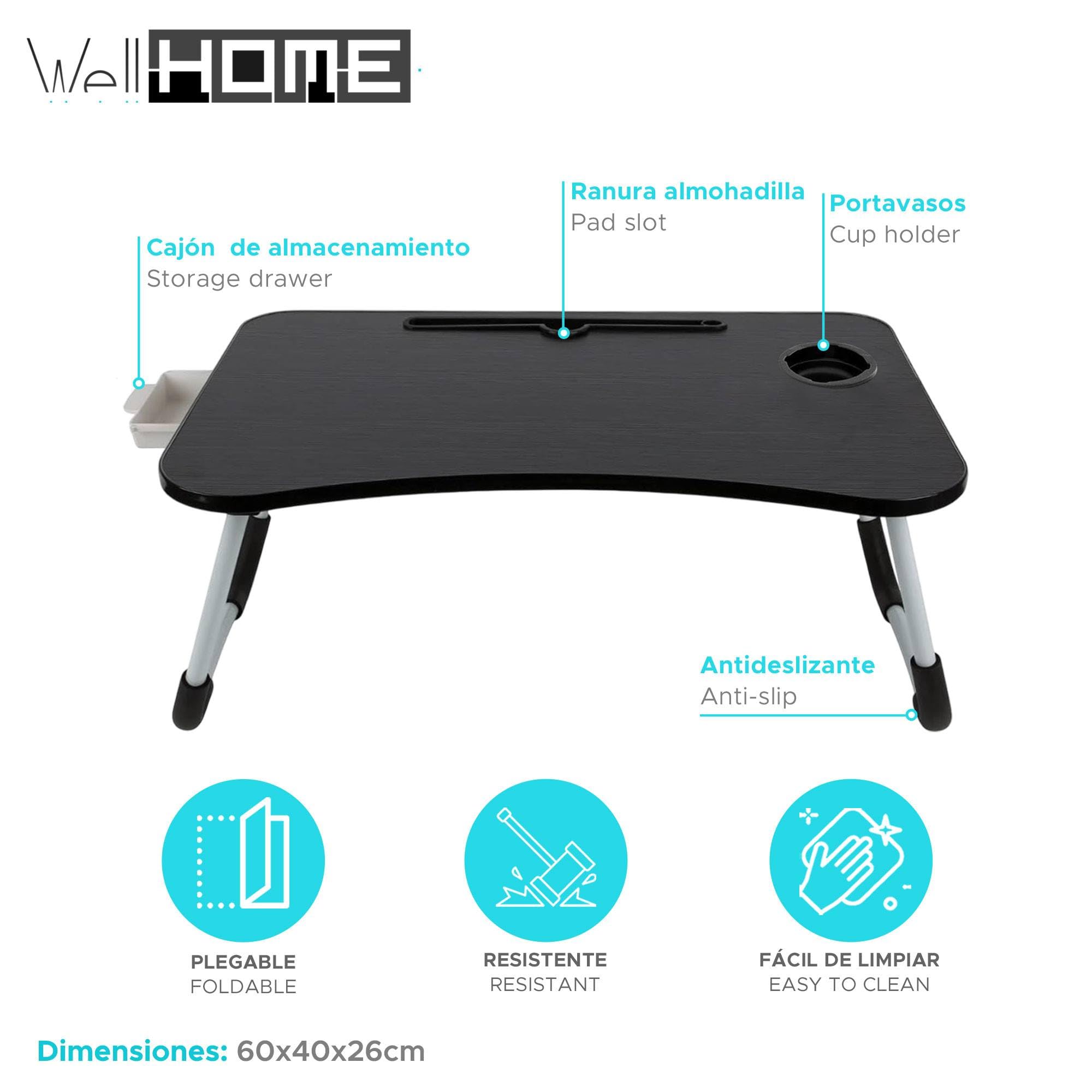 Vassoio da portata pieghevole per letto, colore nero, 60 x 40 x 26 cm