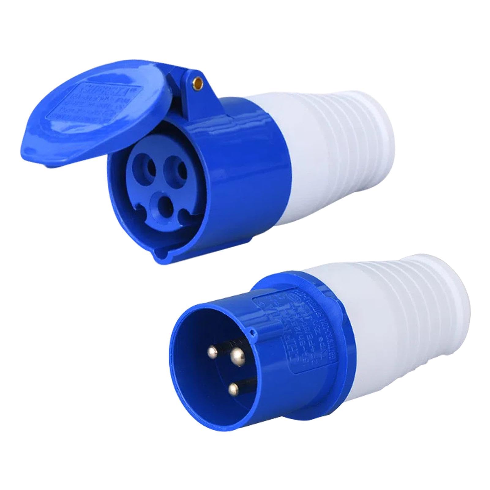 2pcs 16A 240V Site Trailing Plug & Socket, 16A 3 Pin PCE Blue Hook Up, Cara-van Hook Up Socket and P-lug Set, Weather Proof Industrial Sockets for Construction Sites, Industrial 16 A P-lugs & Sockets