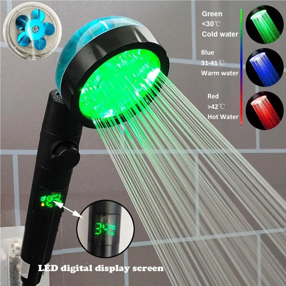 Alcachofa de ducha LED de alta presión con pantalla digital de temperatura, cabezal de ducha turbo portátil con boquilla de cambio de color 3/7 para una experiencia de baño sin control de temperatura