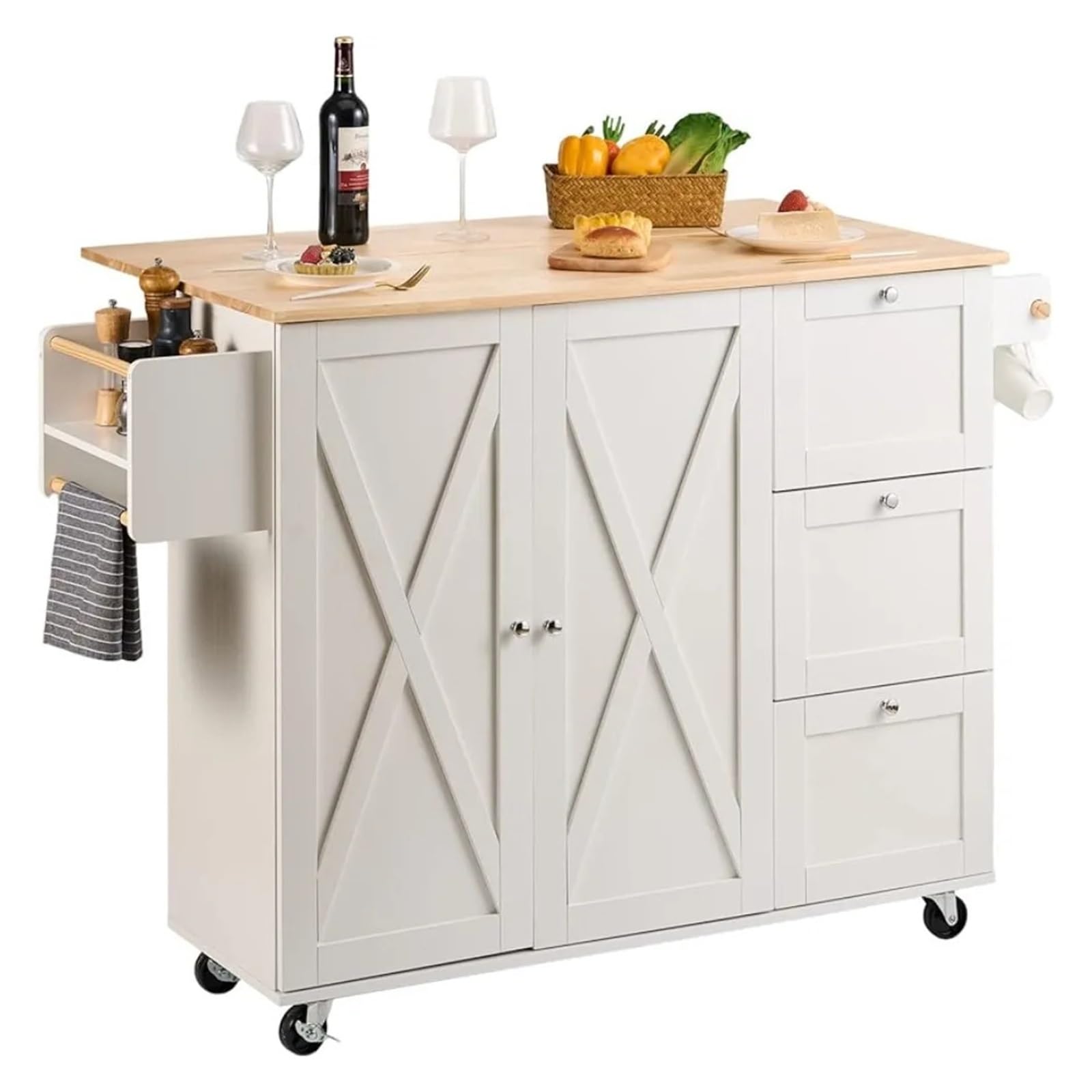 Multifunktionaler Küchenwagen mit Massivholzplatte, 115 cm breit, fahrbar, mit Stauschrank, Klappplatte und Schublade, weiß, rollbar