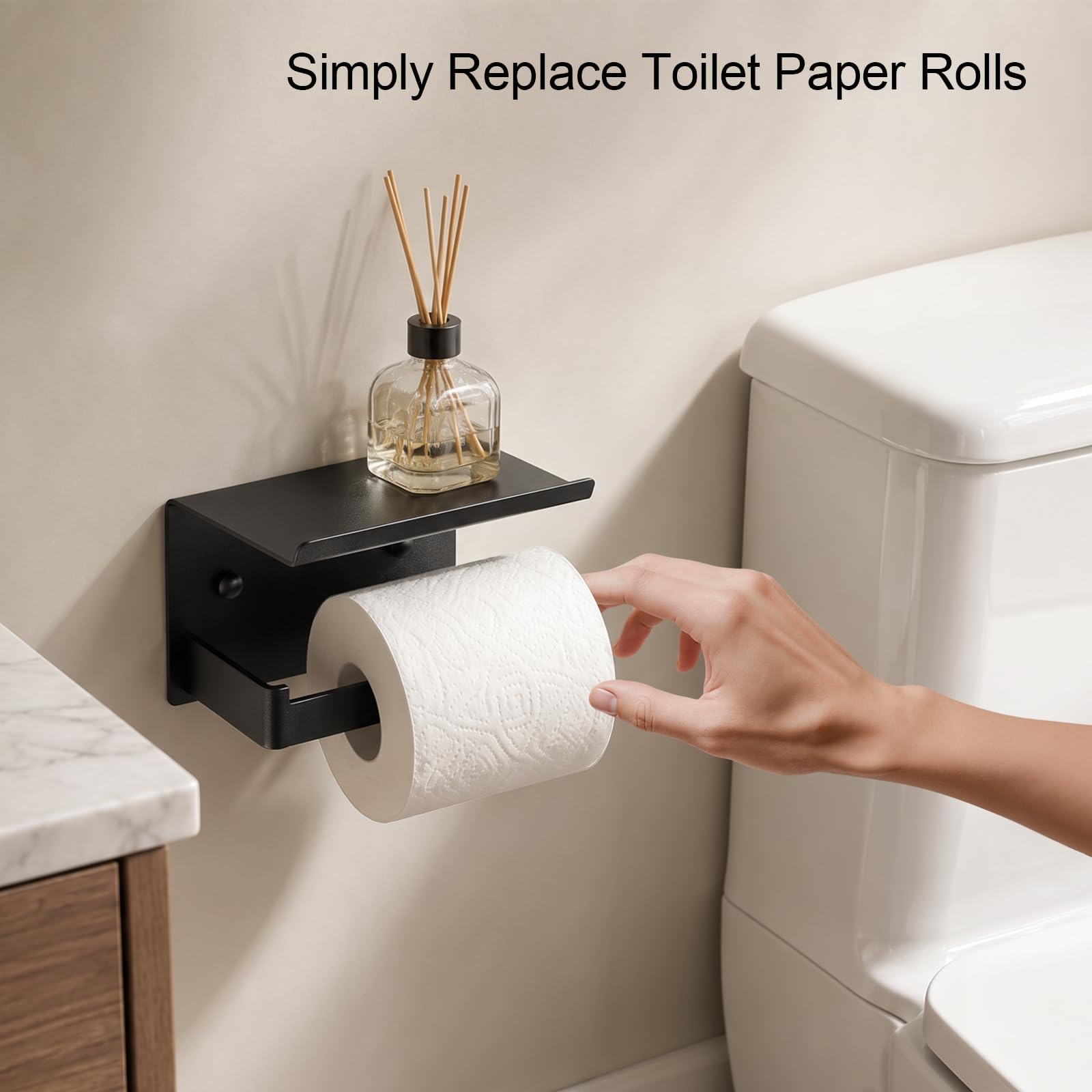 Adhesive Wall Mount Toilet Paper Holder with Shelf, Matte Black — Amazon image 6