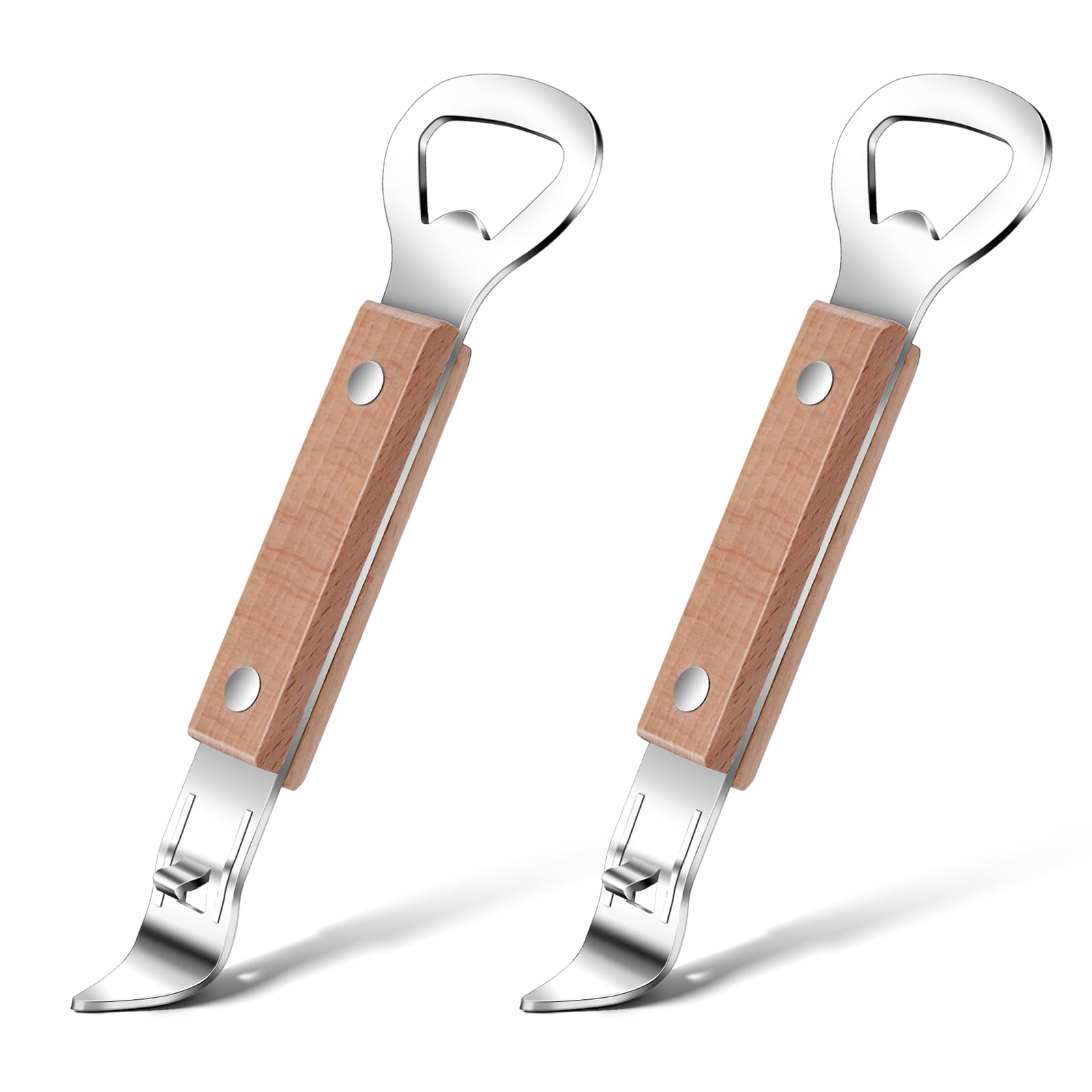 Ouligay 2 Pack Flat Bottle Opener Bartender with Wooden Handle, Can Punch Opener, Stainless Steel Can Opener, Bar Bottle Opener, Dishwasher Safe, Brown