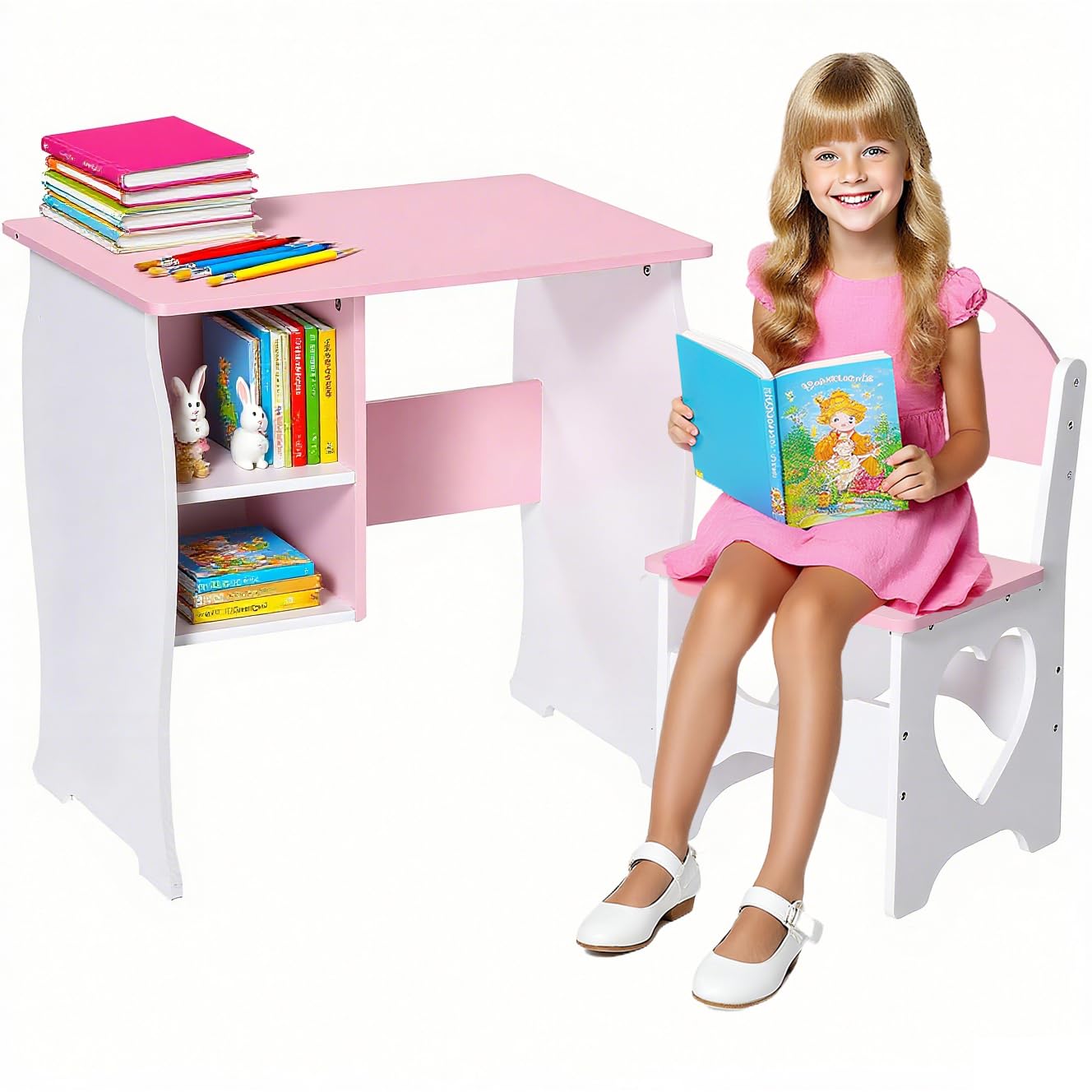 Kids Desk and Chair Set Wooden Study Desk with Storage Shelves for Boys, Girils Writing Reading | Childrens Table and Chair Set for Bedroom Furniture Playroom, Nursery, Gift for Ages 3-8 (White,Pink)