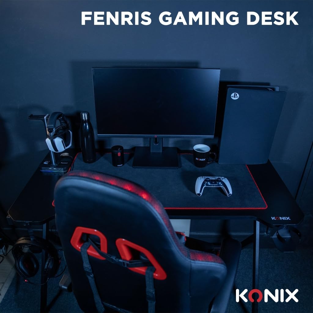 Konix Scrivania gaming Fenris 120 x 60 x 78 cm a forma di Y - Piano del tavolo in legno e metallo - Portabicchieri - Supporto per cuffie - Nero