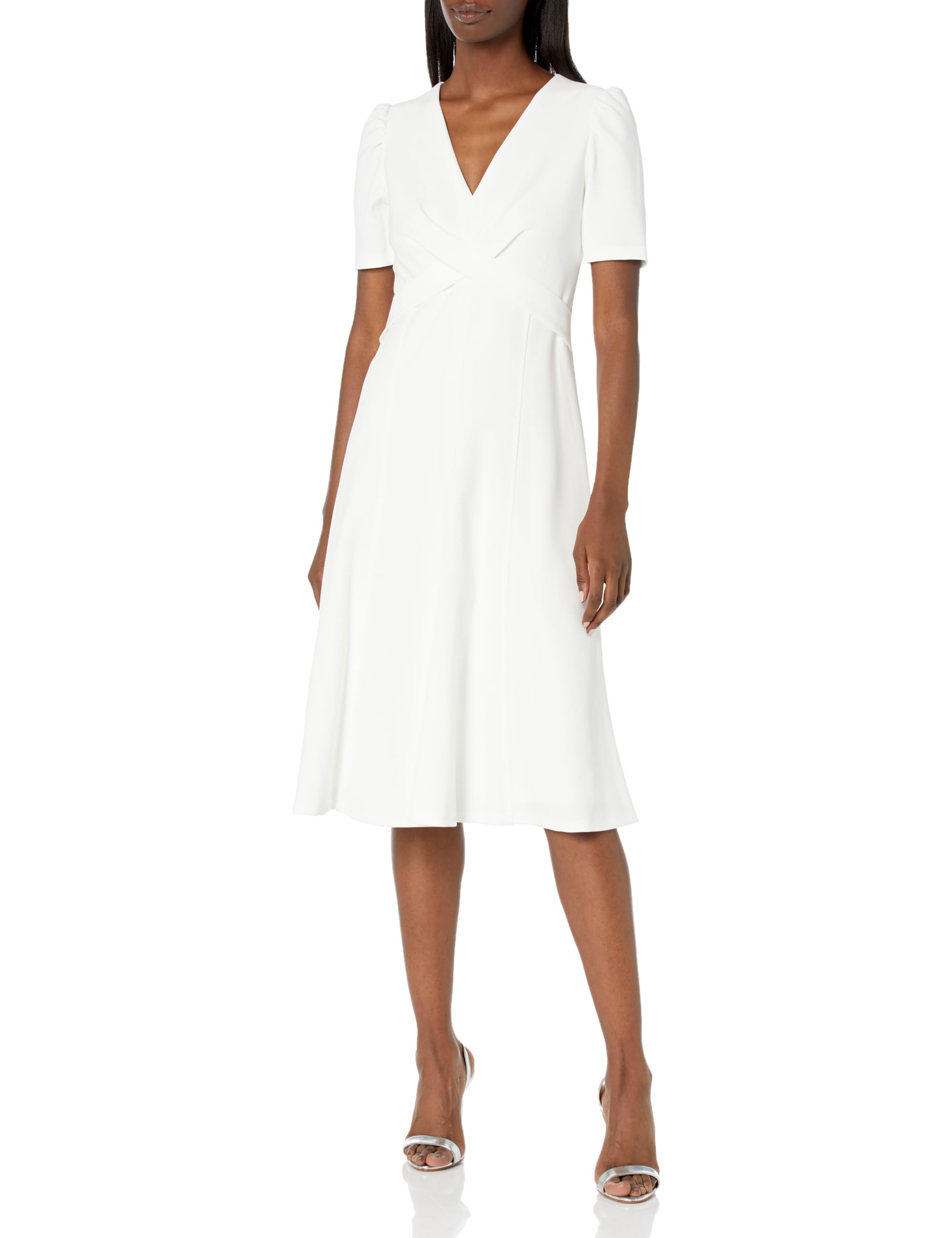 Tommy Hilfiger Women's Scuba Crepe Structured Short Puff Sleeve Dress, Cream, 14