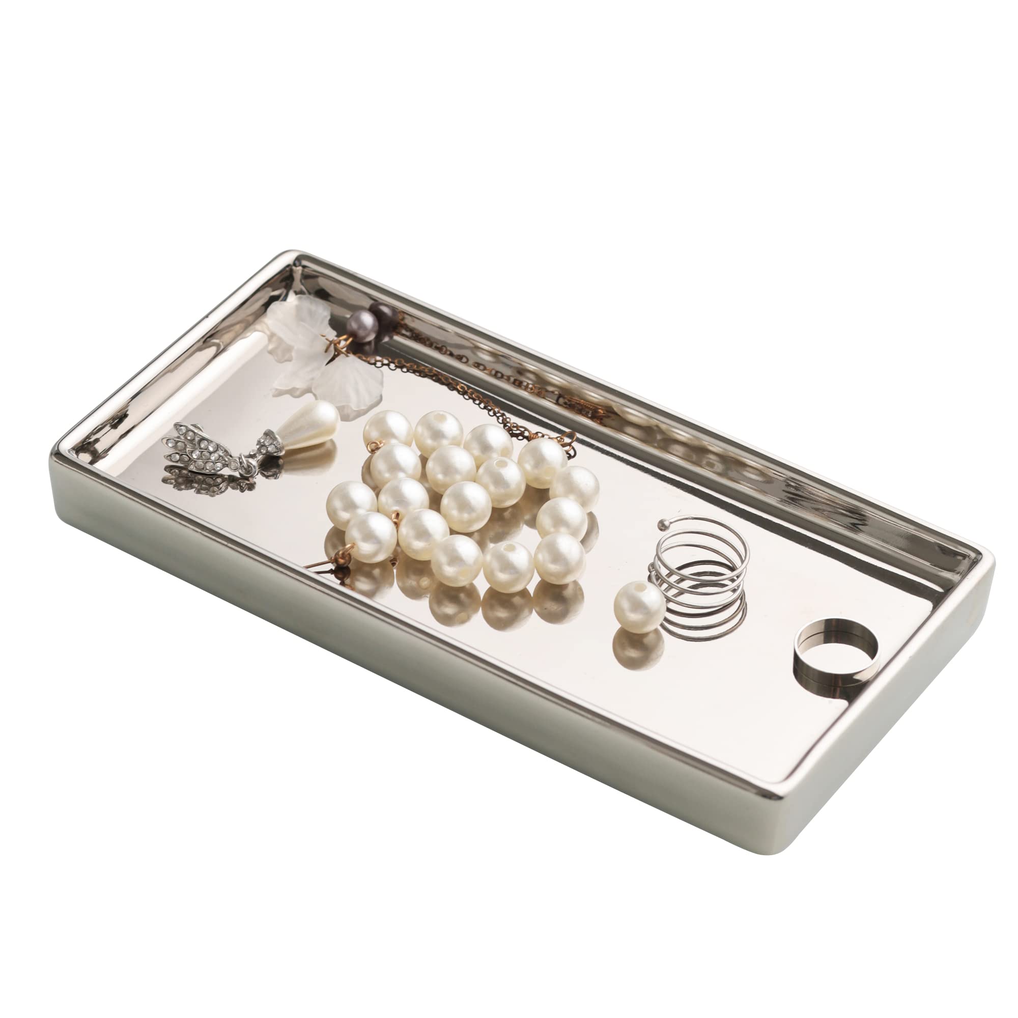 Bandeja Rectangular Plateada para Joyas, cerámica, 100% Glamour, 20,5 x 15,2 x 10,2 cm