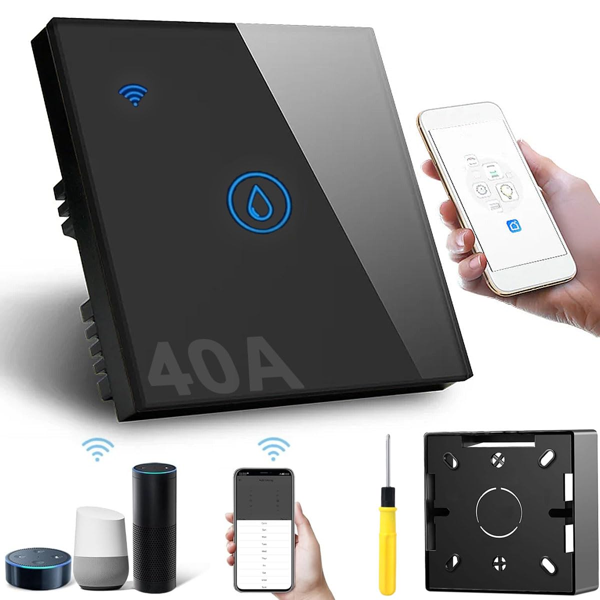 40A 8000W Smart-Tauchsiederschalter, schwarzer WIFI Smart Wall Touch Boilerschalter 2,4G WiFi Warmwasserbereiter-Zeitschalter Funktioniert mit Alexa Google Home und Smart Life APP Tuya APP