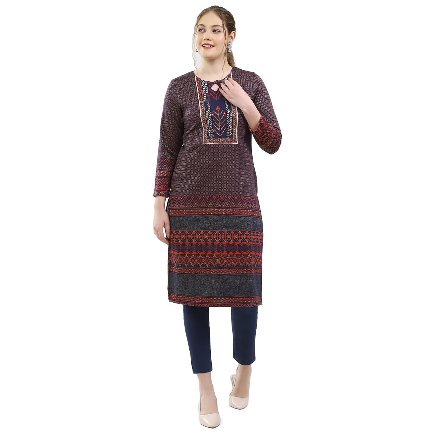 Women’s Printed Ethnic Wear Woolen Kurti | Regular Fit | Round Neck | Full Sleeve | Pull-On Closure | Casual Woolen Kurti for Women (Pack of 1)-image-12