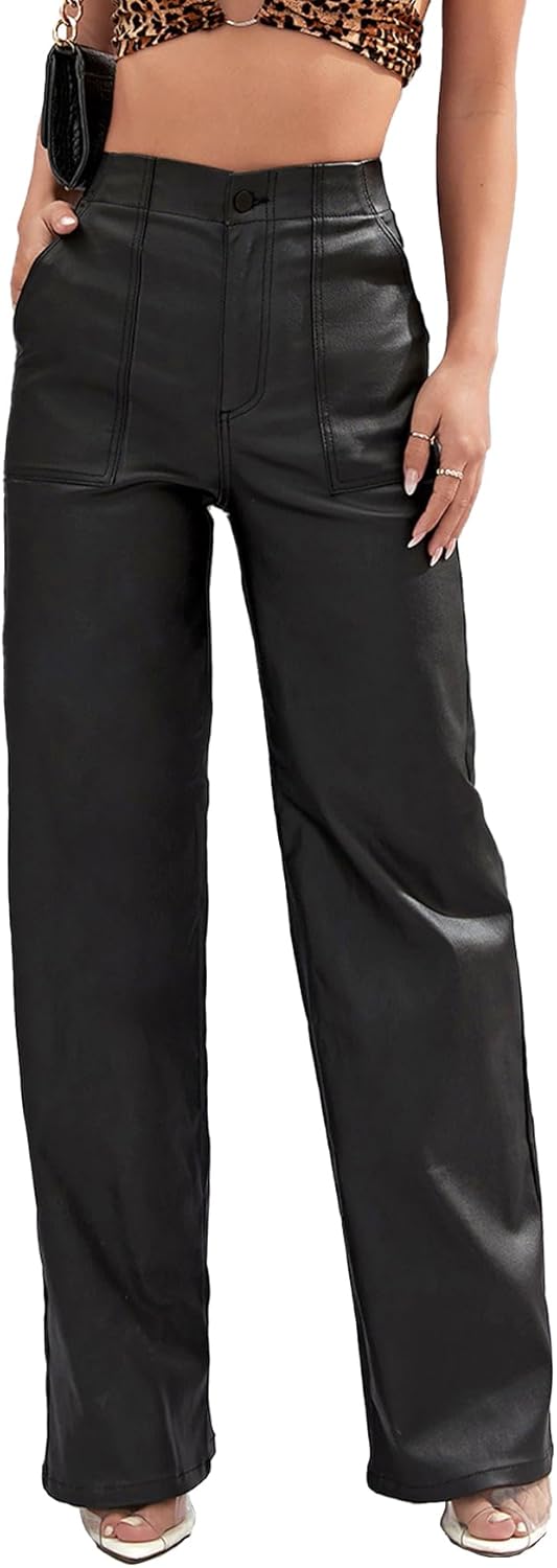 Size S Viligo Faux Leather Pants High Waist Coated PU Button Straight Leather Black Leggings Wide Leg Pants with Pockets