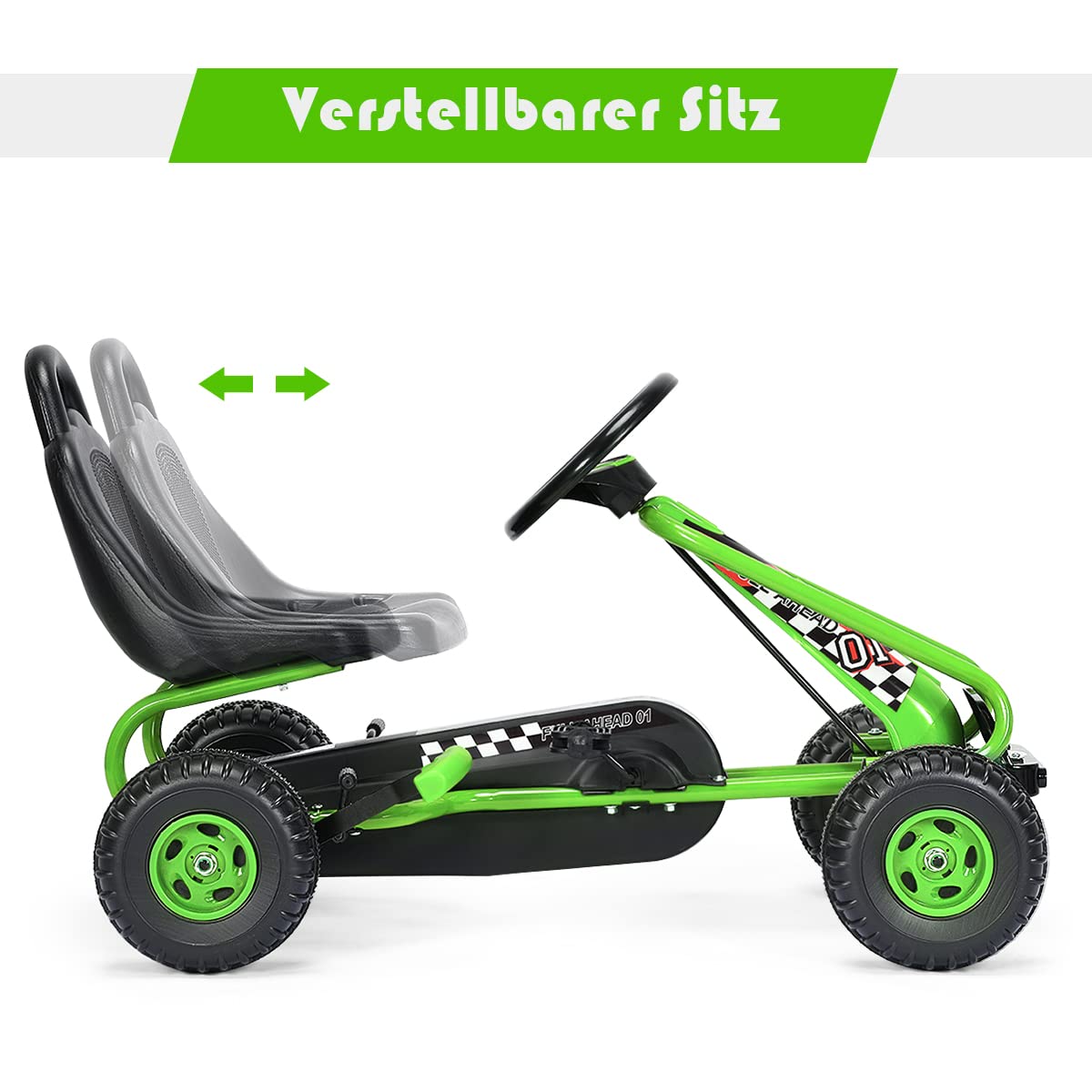 RELAX4LIFE Kinder Gokart mit Handbremse & verstellbarem Sitz, Tretauto mit Pedalen, Tretfahrzeug bis 30 kg belastbar, Kinderfahrzeug vor- & rückwärts fahrbar, Go Cart für Kinder von 3-6 Jahren (Grün)