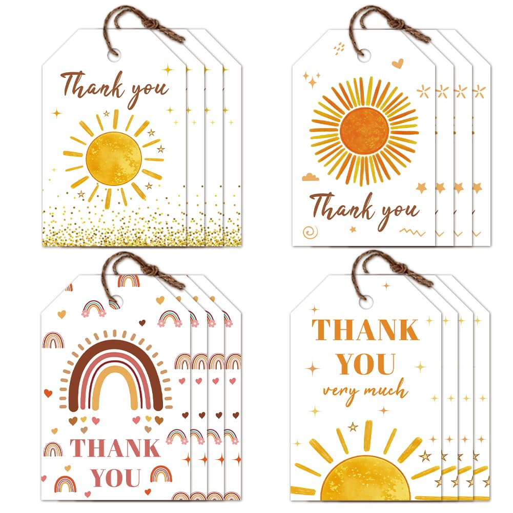 CRAFTYMELODY 80Pcs Sunshine Rainbow Thank You Tags 4 Style Cute Gift Tags with String Hanging Labels Name Tag 2×3 Inch for Gender Reveal Party Wedding Birthday Party DIY Gift Crafts Favor Decor