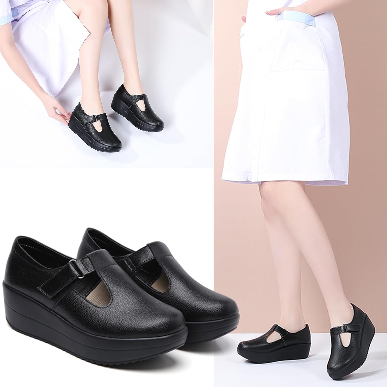 EnllerviiD Women's Mary Jane Platform Round Toe Ankle Strap Chunky Uniform Dress Wedge Women's Health Care Food Service Shoes