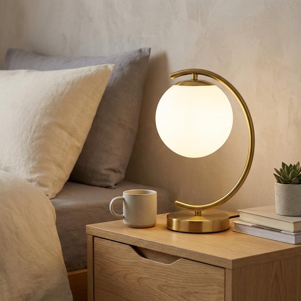 Lámpara de mesa BARCELONA LED dorado, cristal opal y aluminio metálico, diseño grande clásico y moderno, estilo retro y lujo para dormitorio, salón y escritorio