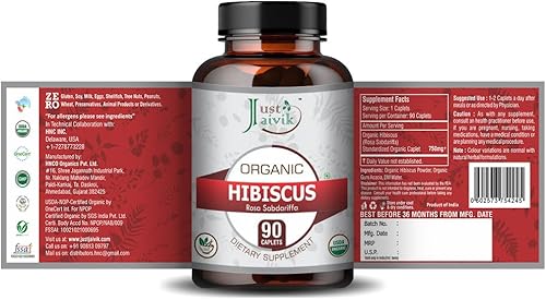 Miniatura 3 de Just Jaivik Tabletas de hibisco 100% orgánico y puro (Rosa Sabdariffa) como suplementos dietéticos - 750 mg (90 tabletas)  Desintoxicación  Salud