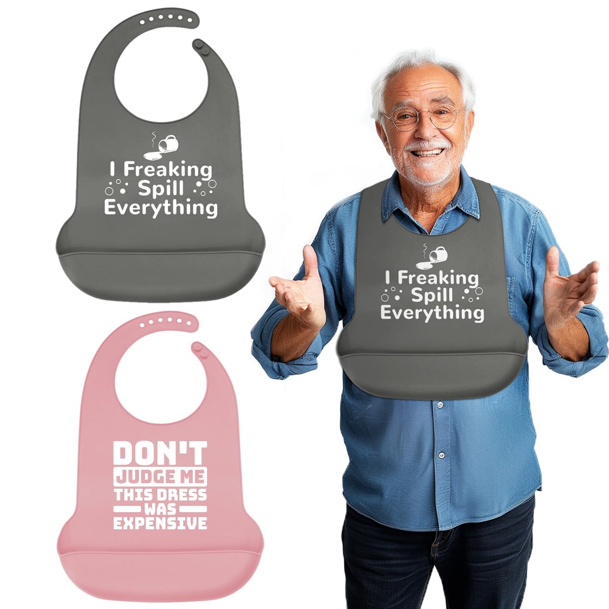 2 Pack Silica Adult Bibs - Waterproof & Adjustale Adults Bibs with Crumb Catcher Gift for Women/Men/Elderly/Senior