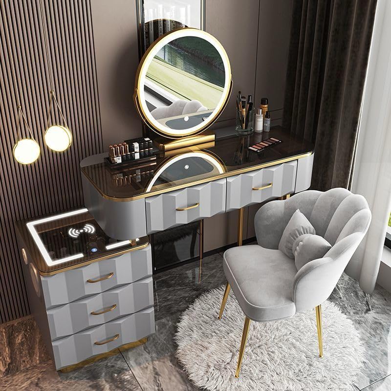 AWD Dressing Makeup Table with Mirror and Chair, Solid Wood Modern Smart Dressing Vanity Table, Storage Drawers, Lighted Mirror Make up Desk for Bedroom Furniture Women's Dresser Gift. (Gray)