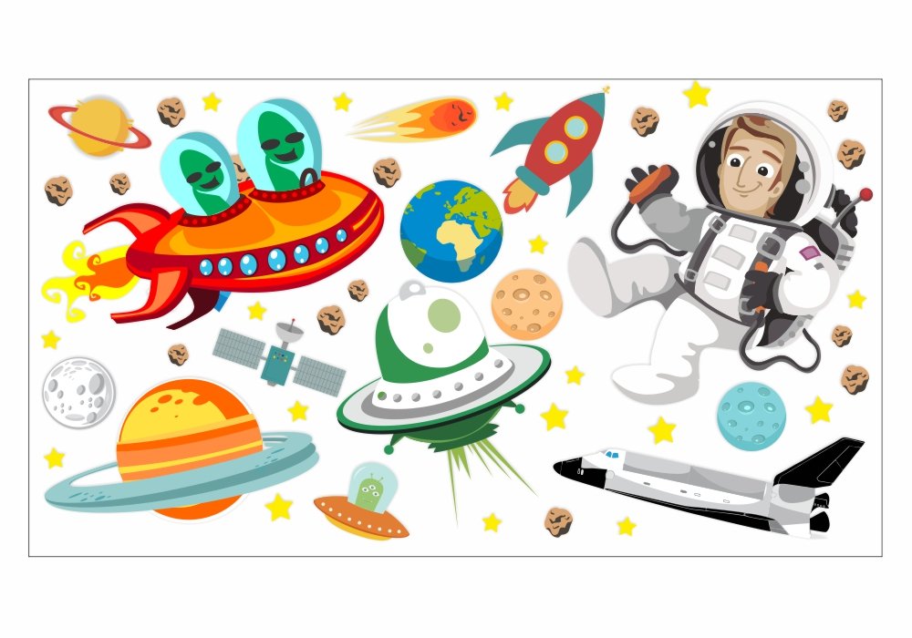 Nikima 005 - Adesivo da parete per cameretta dei bambini, motivo: mondo di alieni, luna, razzo spaziale, astronauta, disponibile in 6 misure (1500 x 840 mm)