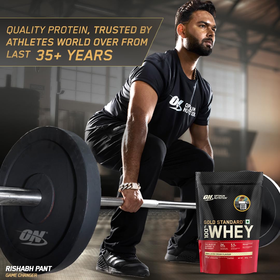 Optimum Nutrition (ON) Gold Standard 100% Whey Protein Powder (Vanilla Ice Cream)1 lbs, 454 g, for Muscle Support & Recovery, Vegetarian - Primary Source Whey Isolate — Amazon image 4