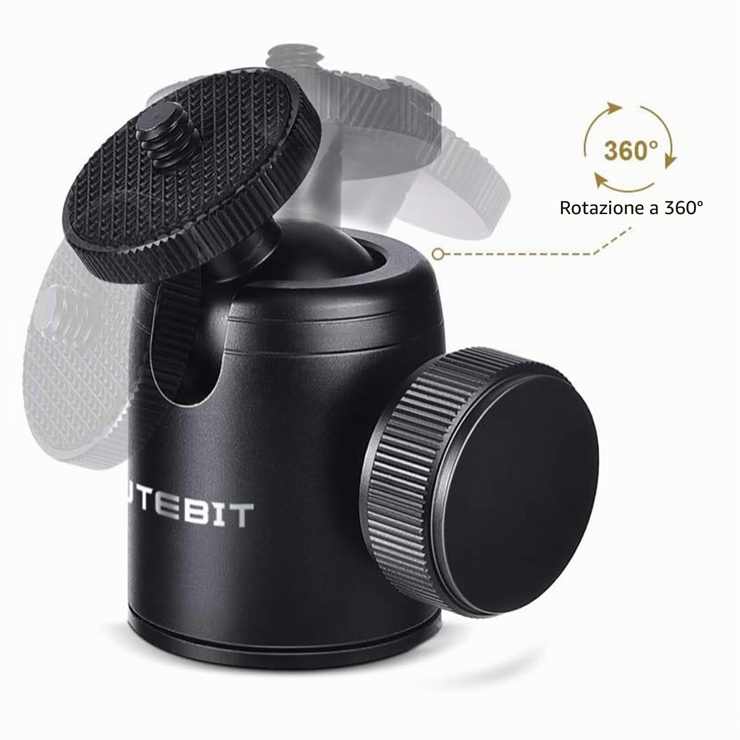 UTEBIT Mini Testa a Sfera per Treppiede 24mm, Rotazione 360°, Vite 1/4", Foro Filettato 3/8", Adattatore Slitta Hot Shoe con Vite 1/4", Max 5kg, per Fotocamere, Treppiedi, Flash