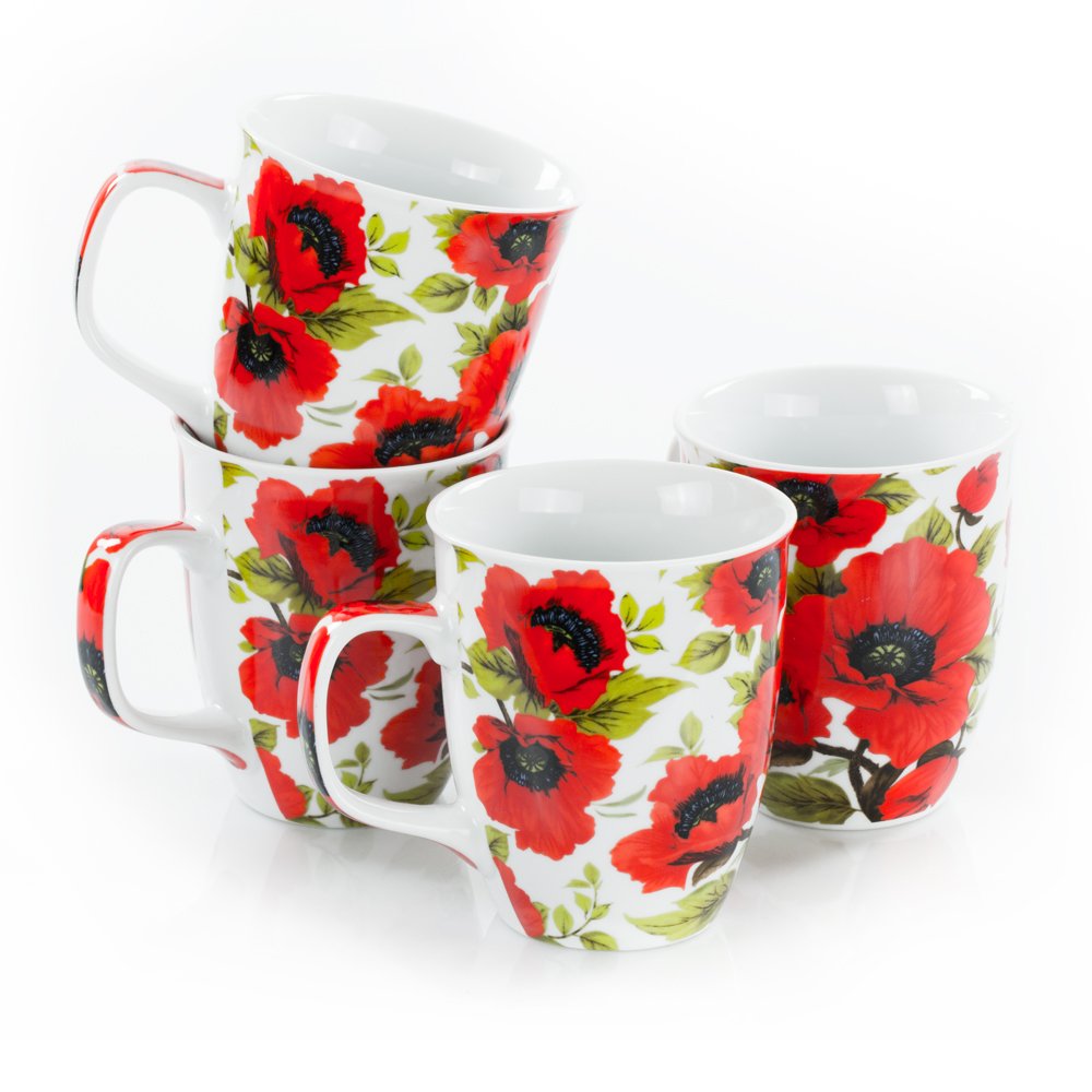 Lot de 4 tasses à café en porcelaine Olymp 400 ml au design floral rouge
