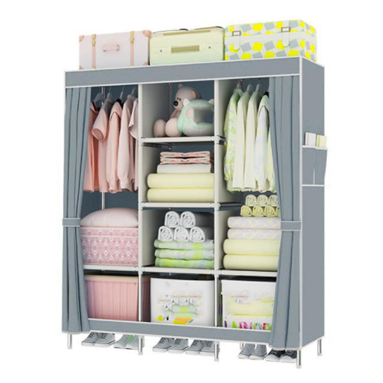 Armario,Armario de Lona Portátil,Armario de Tela con Barra para Colgar y Bolsillos Laterales,Armario Plegable para Dormitorio,Grey-128x45x170cm