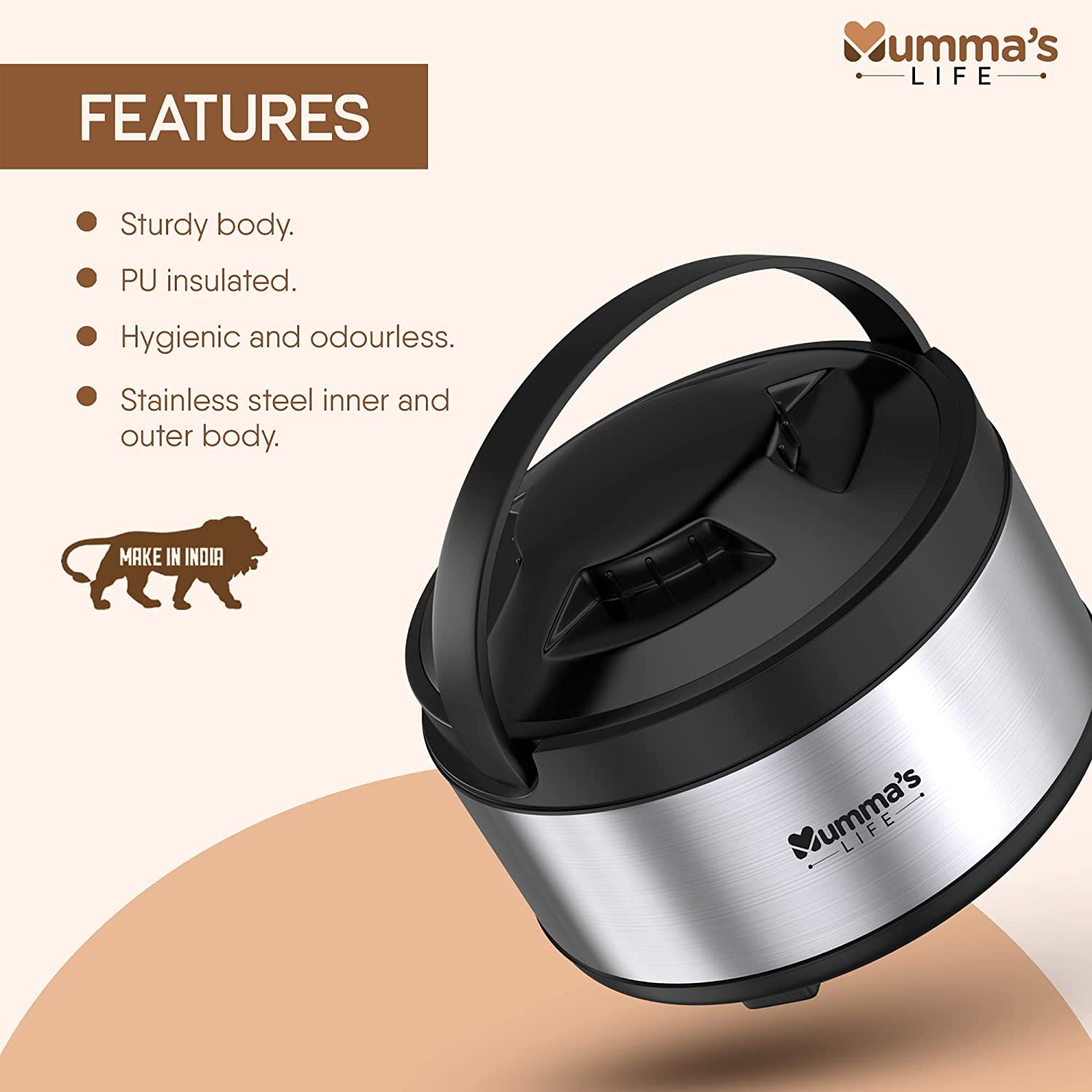 Mumma's LIFE Stainless Steel Thermoware Casserole For Roti/Chapati | Double Wall Insulated Hot Pot for Hot Meal/Chapati/Curry set of 2 (2000ml & 2500ml) 3