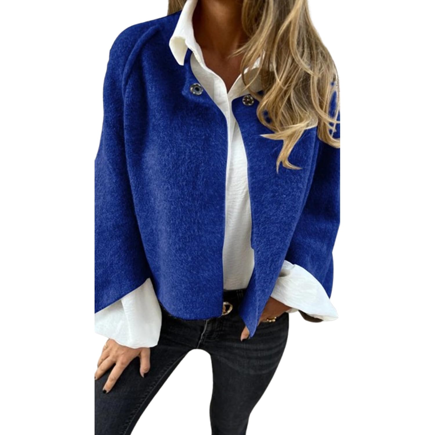 PNZLZIA Women's Round Neck Woolen Long Sleeve Coat, Soft Warm Cashmere Cardigan Jacket, Women Cropped Wool Blend Coat (Large,Blue)