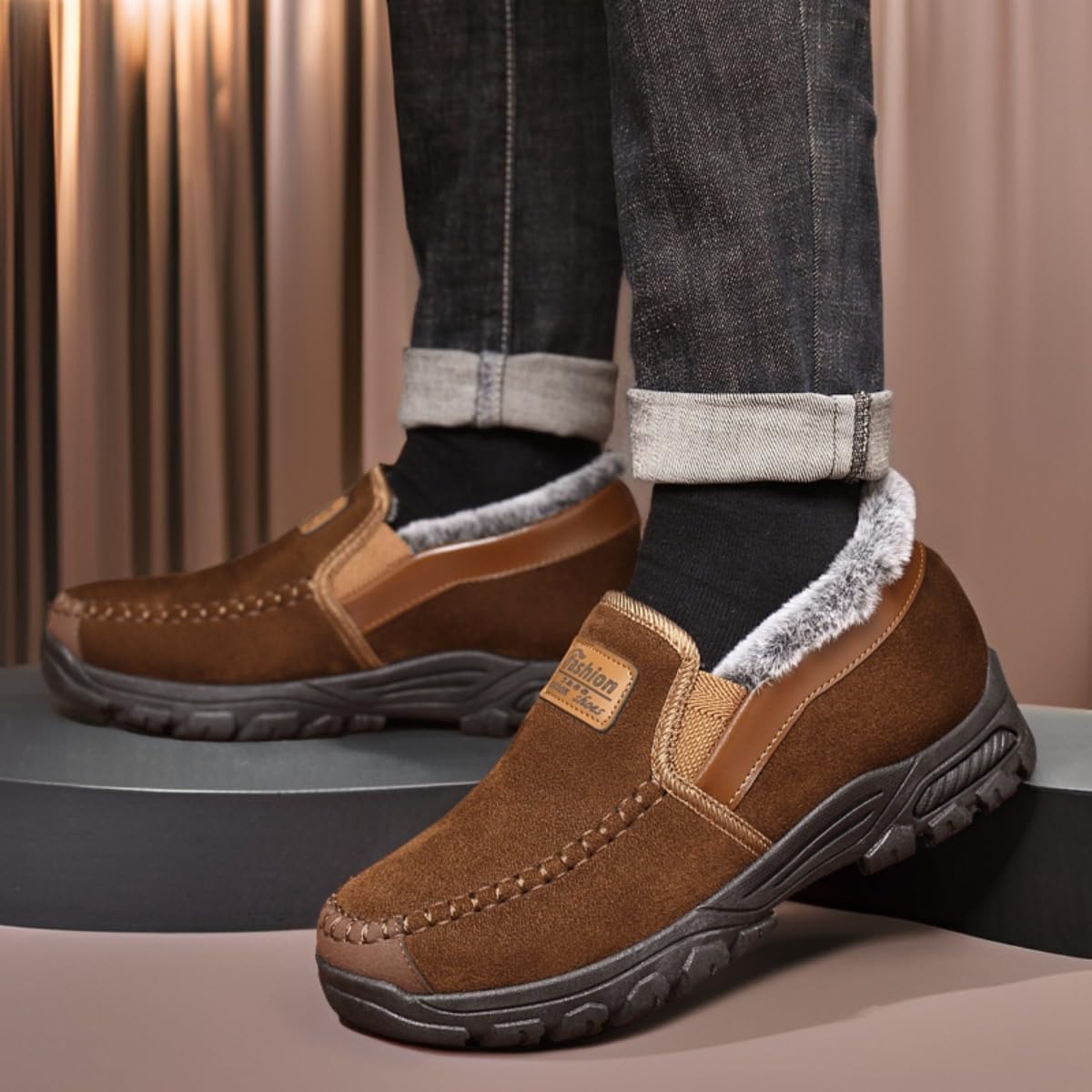 Men's Orthopedic Warm Snow Boots Casual Slip-on Winter Warm Loafers Shoes Fur Lined Ankle High Lightweight Non-Slip Snow Boots for Elderly Walking
